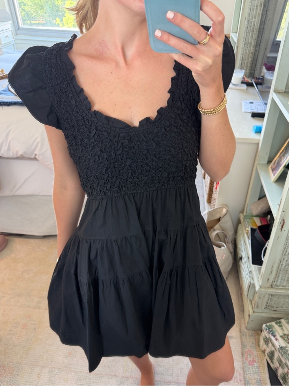 En Saison- Black Smocked Short Sleeve Mini Dress